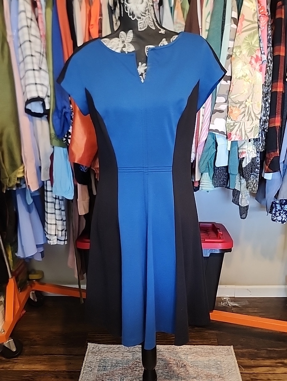 Chaps Blue and Black Fit-and-Flare Midi Dress